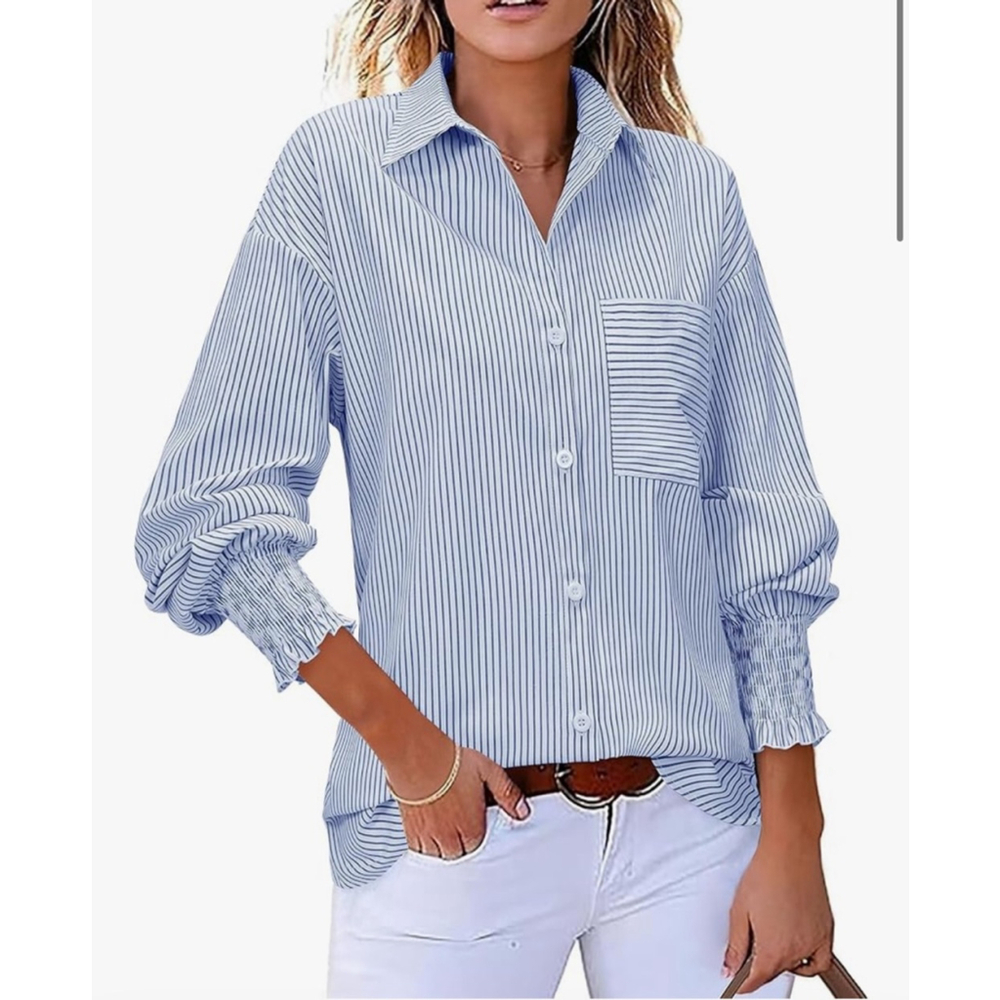 NEW Shirred Cuffed Striped Boyfriend Shirt Button down Long Sleeve Oversized XL